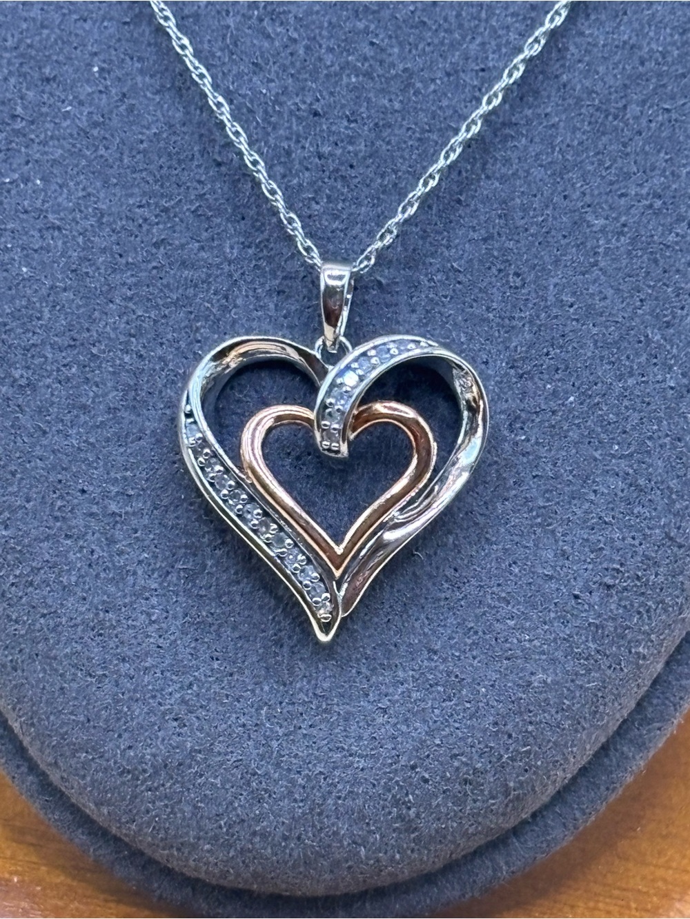 Signed Two-Tone Heart Pendant Sterling Necklace in Rose and Silver